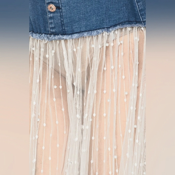 Denim and Pearl Studded Mesh Palazzo Pants - Picture 3 of 3
